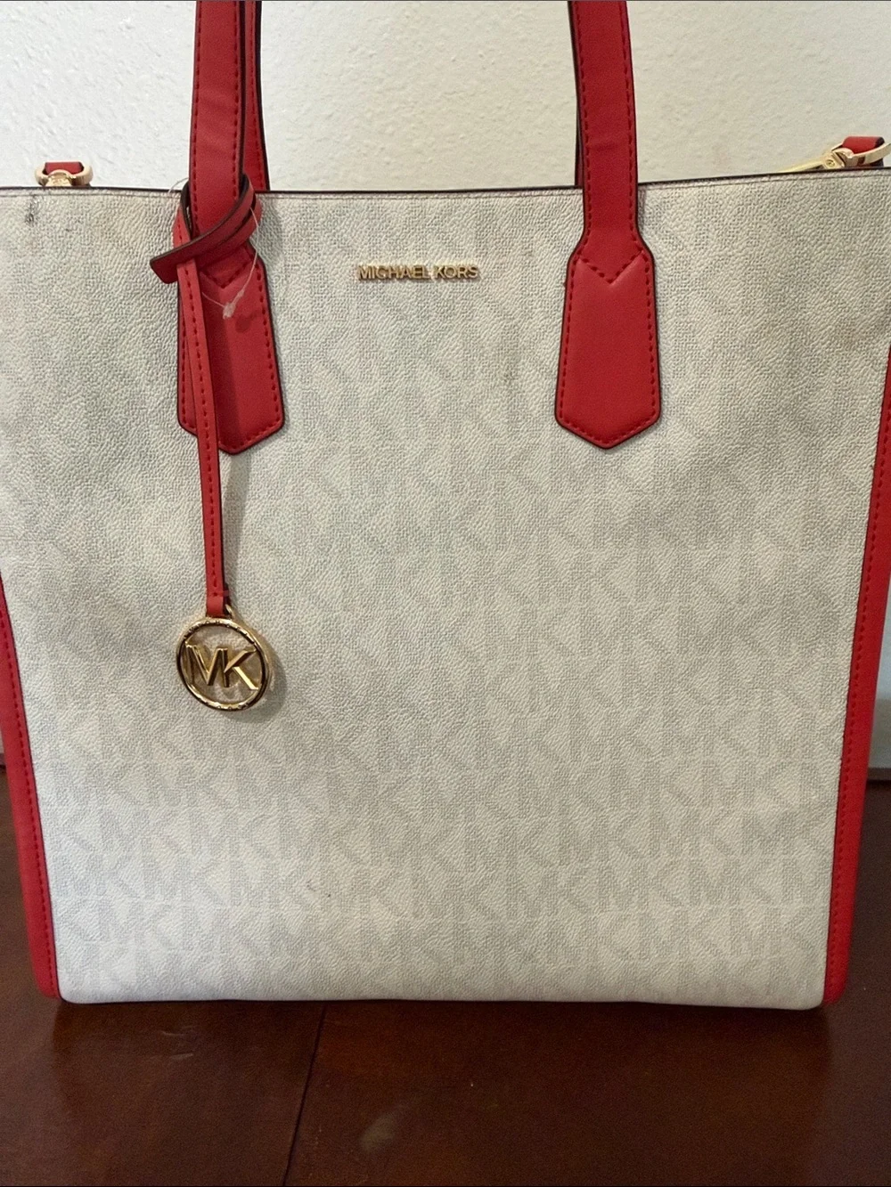Michael Kors Cream Signature Tote with Red Trim